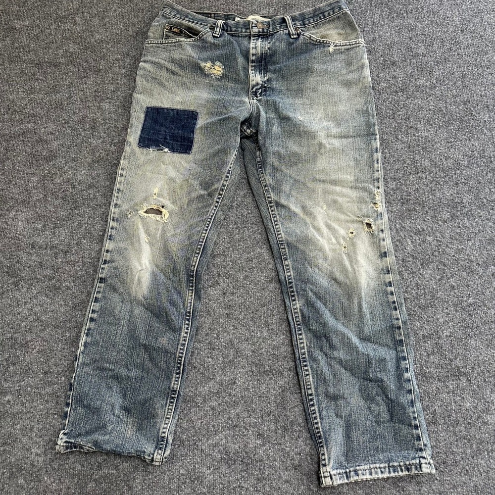 Lee Jeans Mens Size 34 Blue Regular Fit Distressed Patched Ripped Denim Pants